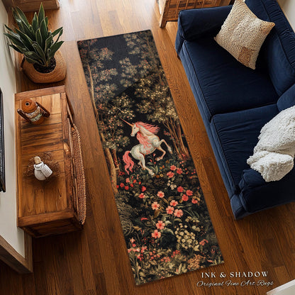 Whimsical Floral Unicorn Runner Rug Woodland Magical Folklore Aesthetic | Mythical Creatures Enchanted Forest Boho Dark Cottagecore Decor