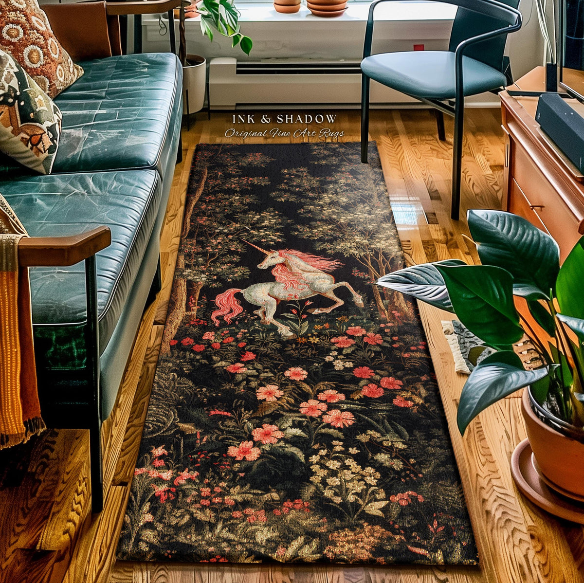 Whimsical Floral Unicorn Runner Rug Woodland Magical Folklore Aesthetic | Mythical Creatures Enchanted Forest Boho Dark Cottagecore Decor