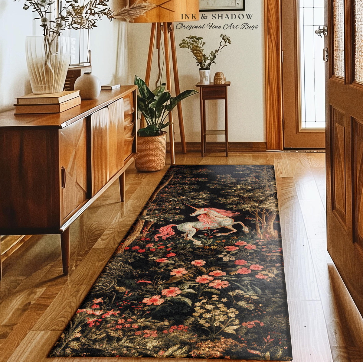 Whimsical Floral Unicorn Runner Rug Woodland Magical Folklore Aesthetic | Mythical Creatures Enchanted Forest Boho Dark Cottagecore Decor