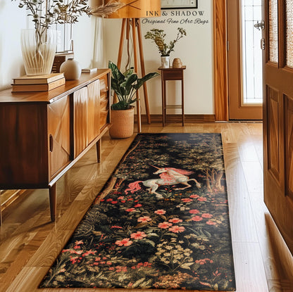 Whimsical Floral Unicorn Runner Rug Woodland Magical Folklore Aesthetic | Mythical Creatures Enchanted Forest Boho Dark Cottagecore Decor