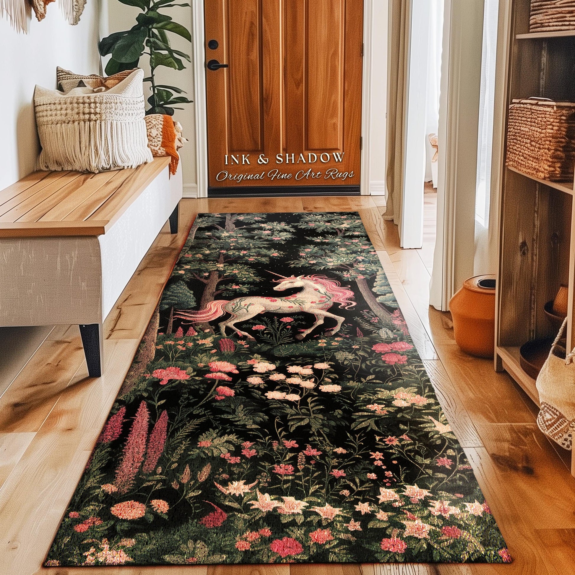 May include: A long rectangular runner rug featuring a black background with a detailed print of a white unicorn with a pink mane and tail, surrounded by a lush forest scene with various colorful flowers, green foliage, and tall trees.