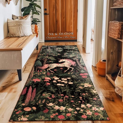 May include: A long rectangular runner rug featuring a black background with a detailed print of a white unicorn with a pink mane and tail, surrounded by a lush forest scene with various colorful flowers, green foliage, and tall trees.