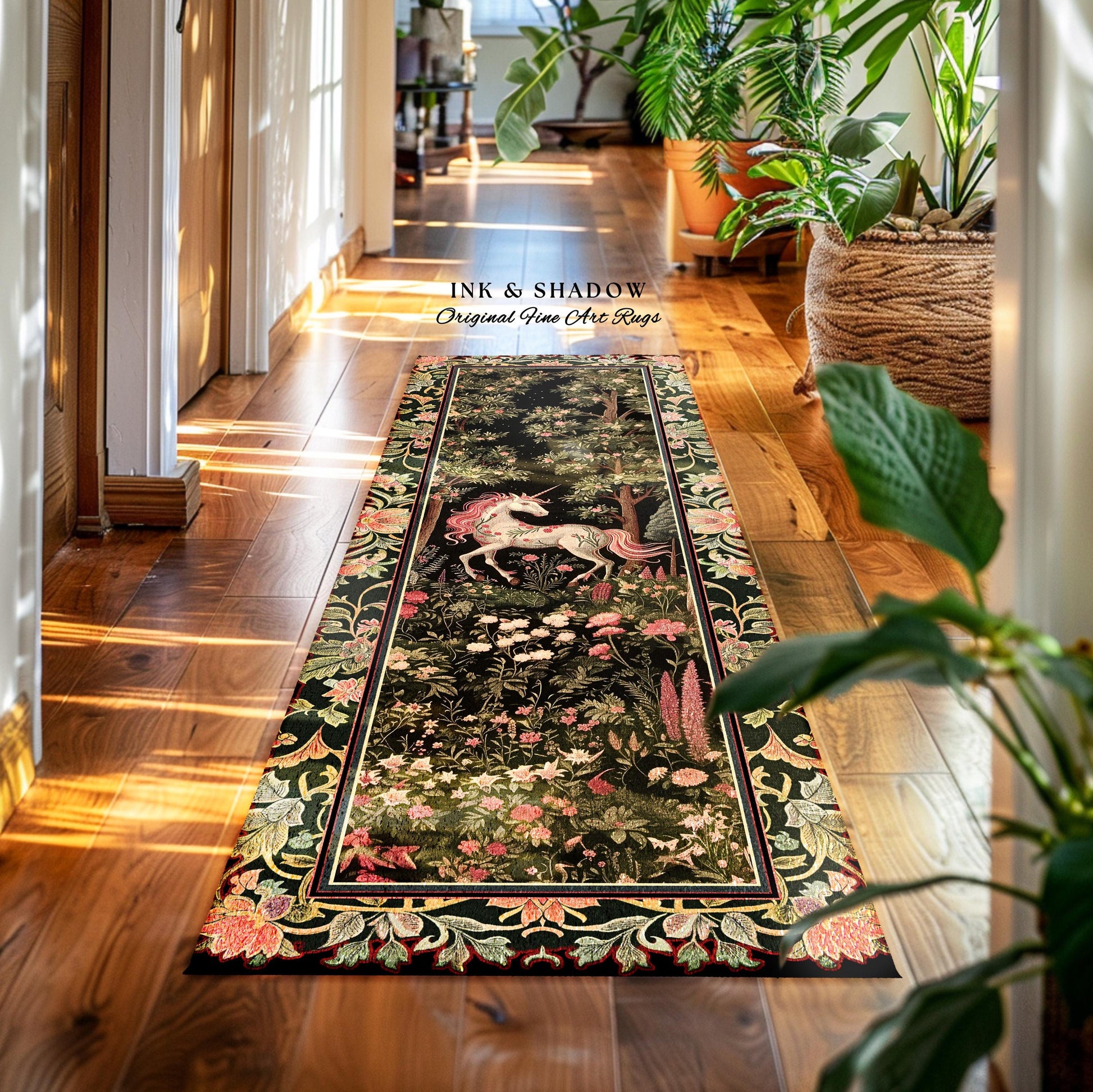 Enchanted Forest Unicorn Floral Runner Rug Mystical Medieval Style Romantic Renaissance Baroque Art, Vintage Fairycore Wildflower Home Decor