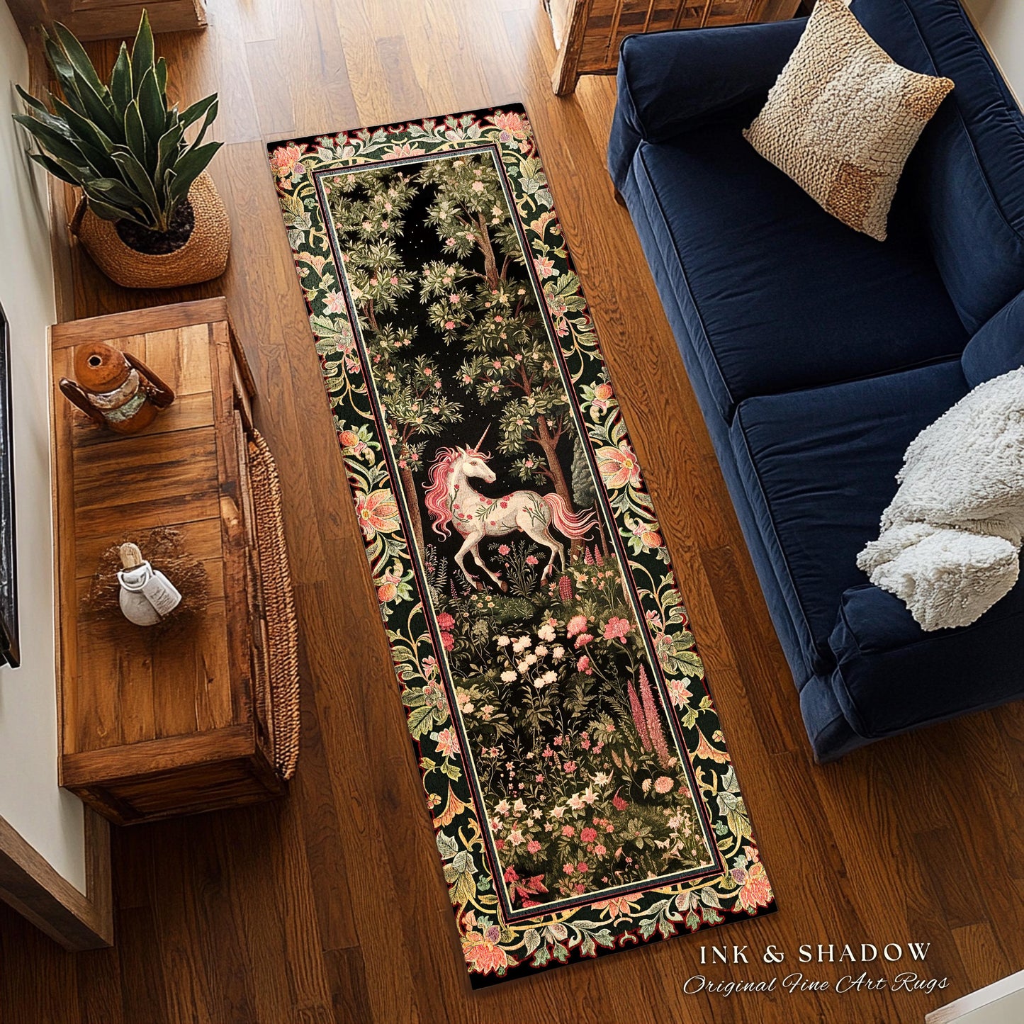 Enchanted Forest Unicorn Floral Runner Rug Mystical Medieval Style Romantic Renaissance Baroque Art, Vintage Fairycore Wildflower Home Decor