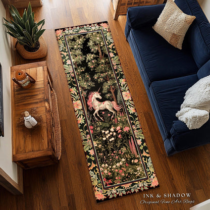 Enchanted Forest Unicorn Floral Runner Rug Mystical Medieval Style Romantic Renaissance Baroque Art, Vintage Fairycore Wildflower Home Decor