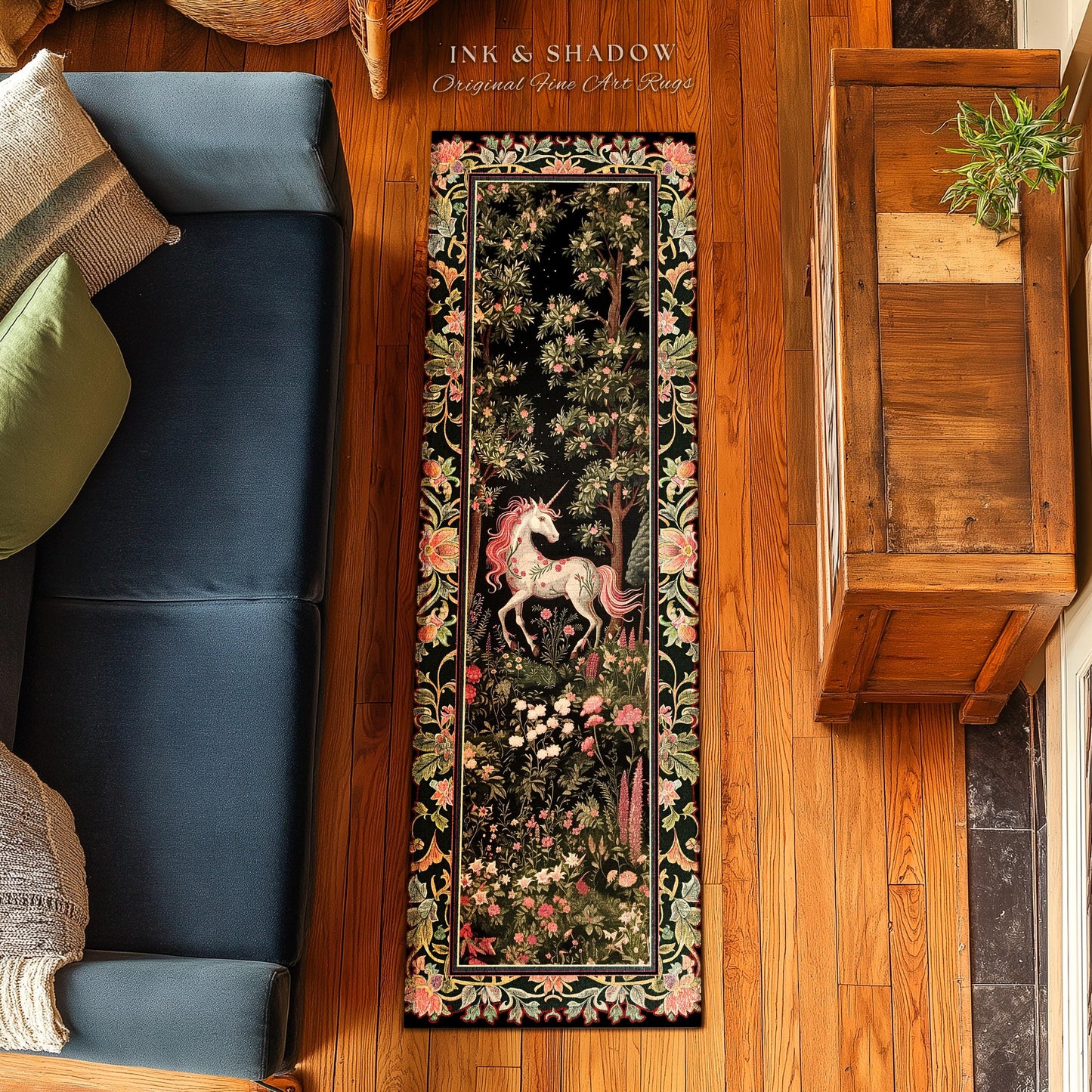 Enchanted Forest Unicorn Floral Runner Rug Mystical Medieval Style Romantic Renaissance Baroque Art, Vintage Fairycore Wildflower Home Decor