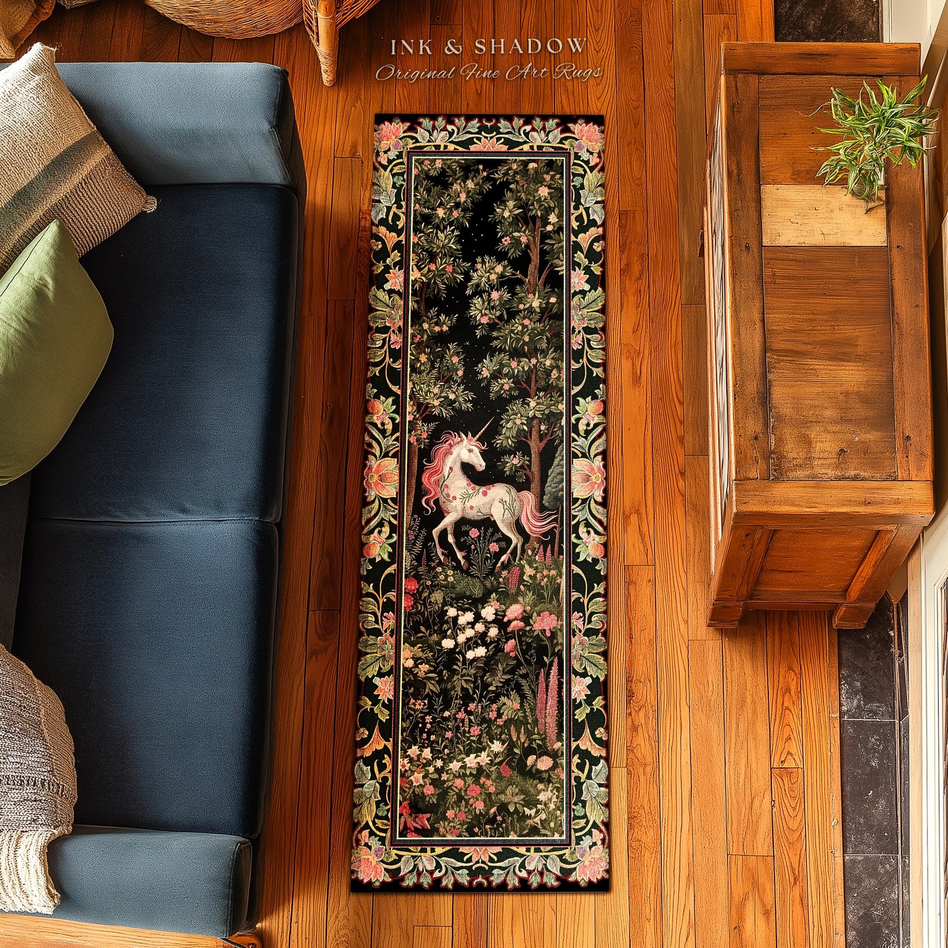 Enchanted Forest Unicorn Floral Runner Rug Mystical Medieval Style Romantic Renaissance Baroque Art, Vintage Fairycore Wildflower Home Decor