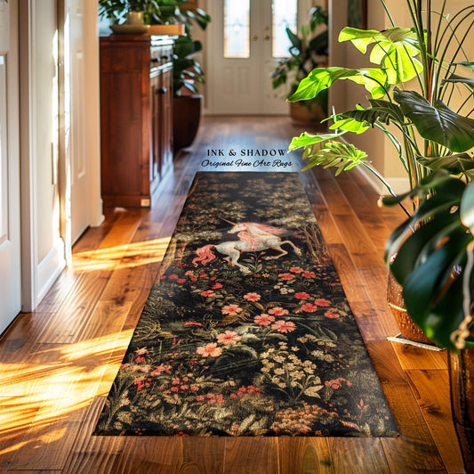 Whimsical Floral Unicorn Runner Rug Woodland Magical Folklore Aesthetic | Mythical Creatures Enchanted Forest Boho Dark Cottagecore Decor