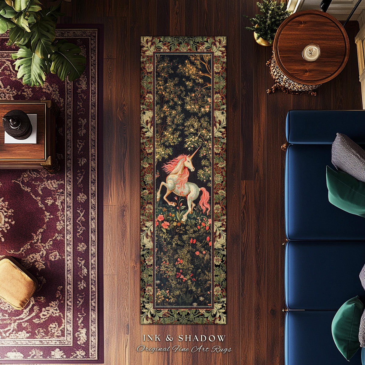 Whimsical Enchanted Unicorn Runner Rug Victorian Gothic Dark Cottagecore Decor, Renaissance Folklore Accent Baroque Fairytale Aesthetic Home
