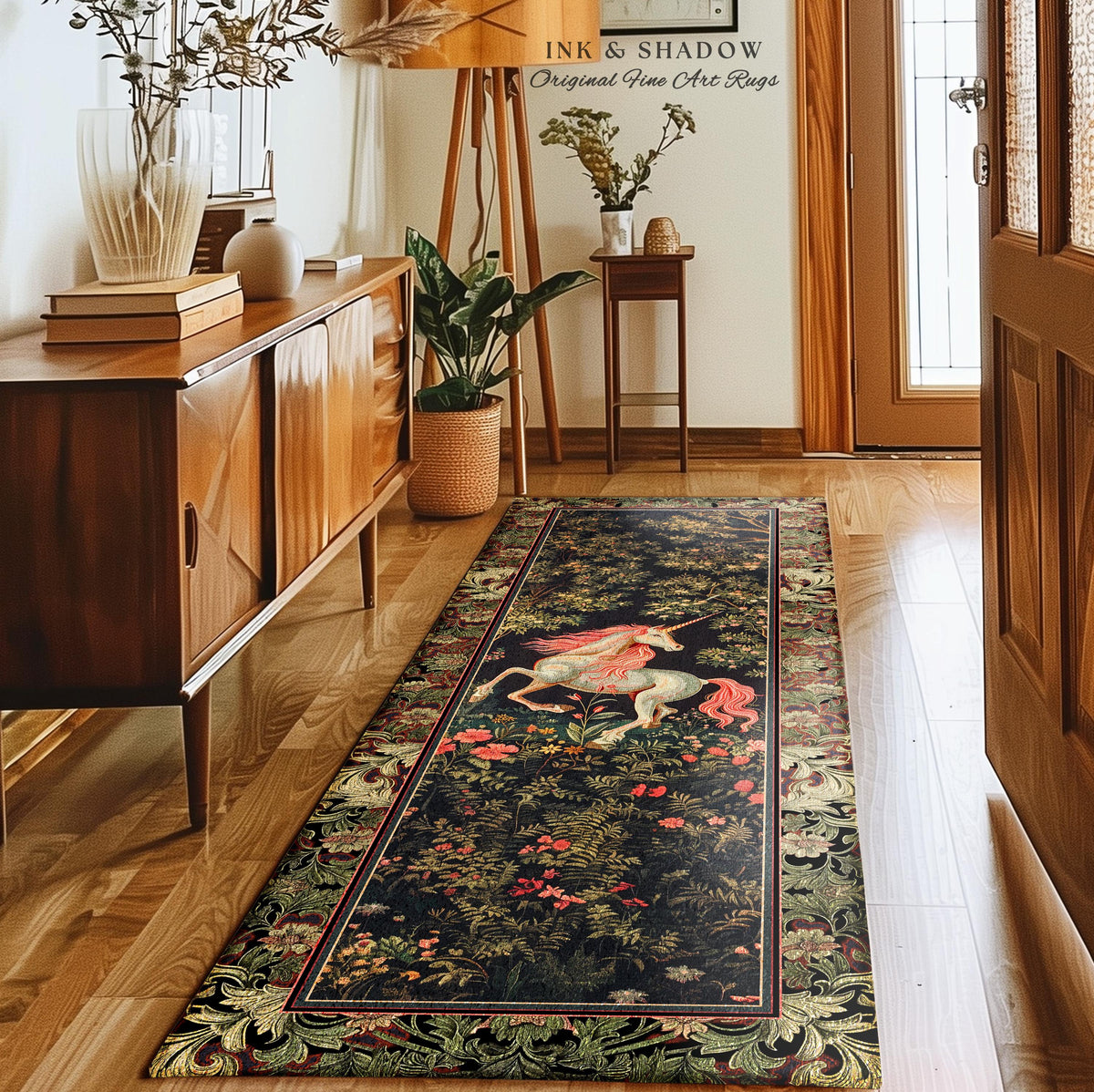 Whimsical Enchanted Unicorn Runner Rug Victorian Gothic Dark Cottagecore Decor, Renaissance Folklore Accent Baroque Fairytale Aesthetic Home