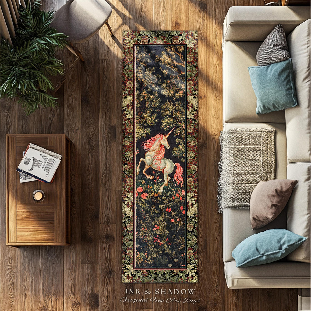 Whimsical Enchanted Unicorn Runner Rug Victorian Gothic Dark Cottagecore Decor, Renaissance Folklore Accent Baroque Fairytale Aesthetic Home