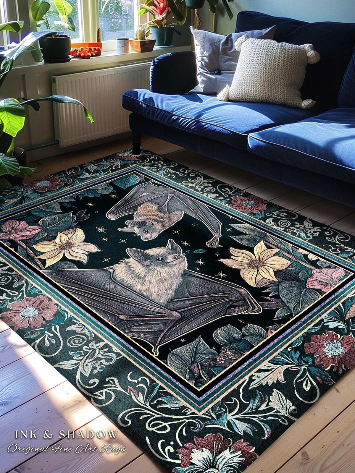 Moody Dark Acedemia Tapestry Woven Bat Rug Starry Night Woodland Gothic Floral Decor, Antique Aesthetic Victorian Botanical Whimsigothic Art