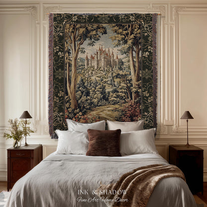 Mystic Castle Book Nook Tapestry Throw Ethereal Fairycore Folklore Aesthetic | Magical Woodland Botanical Blanket Dark Academia Indie Decor