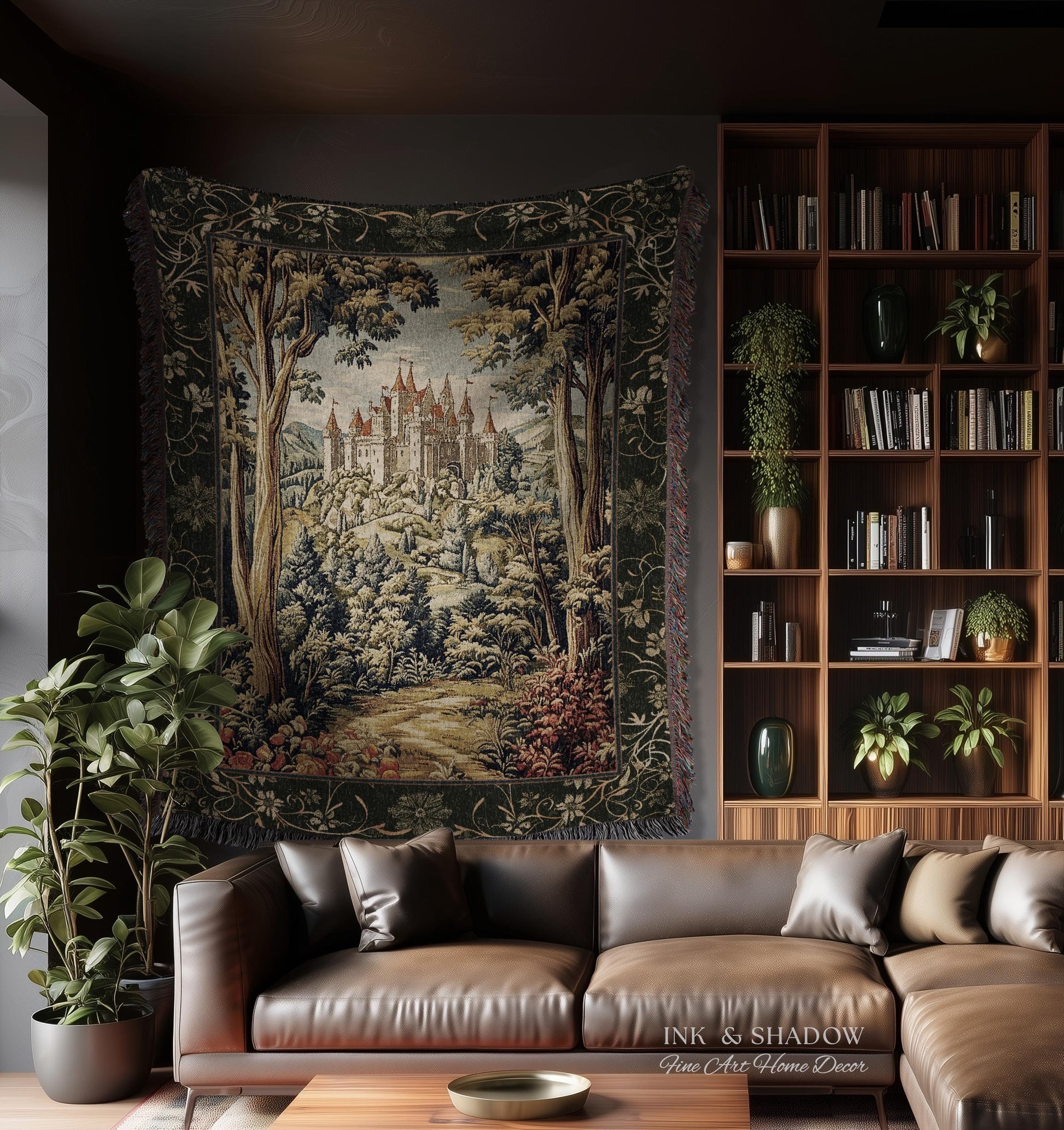 Mystic Castle Book Nook Tapestry Throw Ethereal Fairycore Folklore Aesthetic | Magical Woodland Botanical Blanket Dark Academia Indie Decor