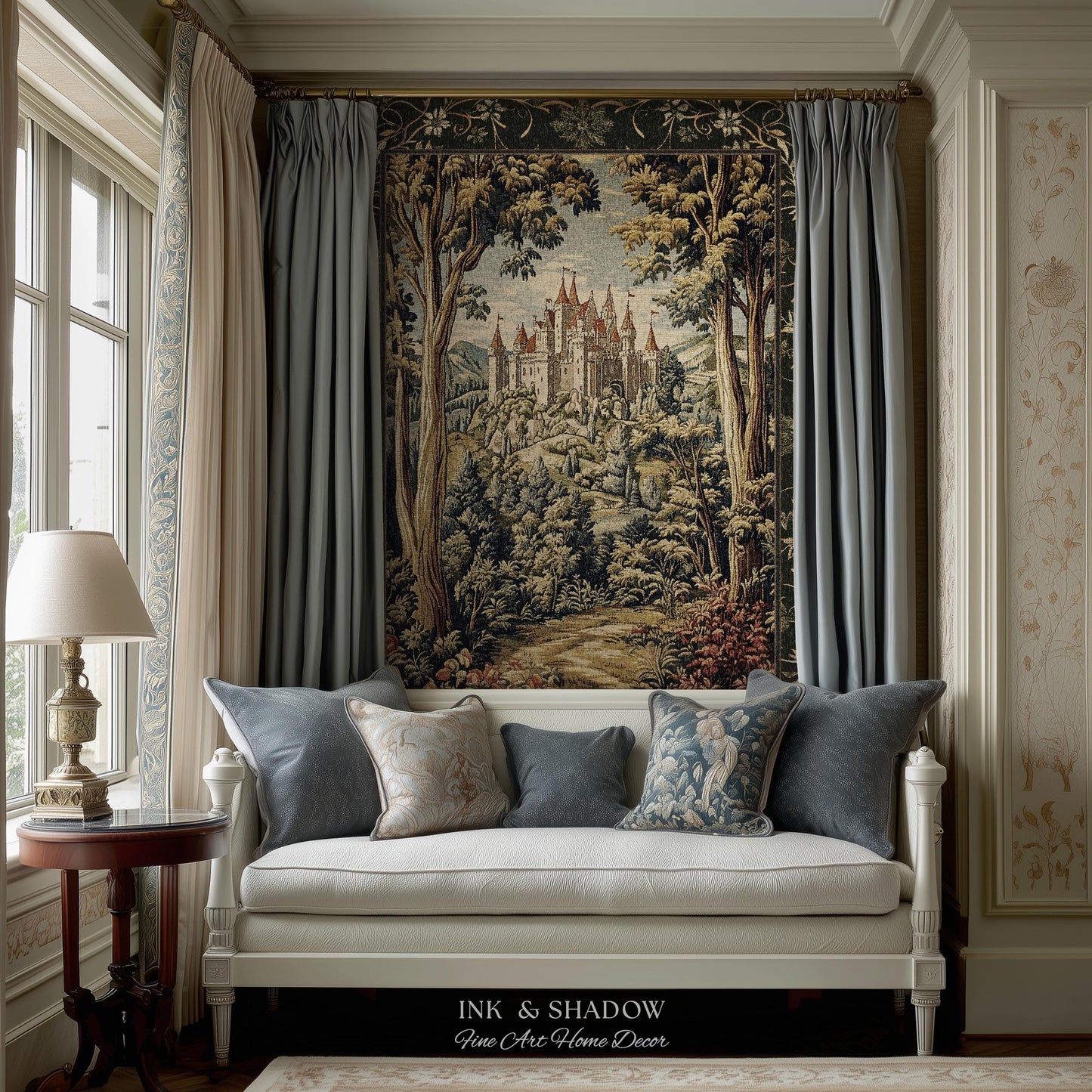 Mystic Castle Book Nook Tapestry Throw Ethereal Fairycore Folklore Aesthetic | Magical Woodland Botanical Blanket Dark Academia Indie Decor