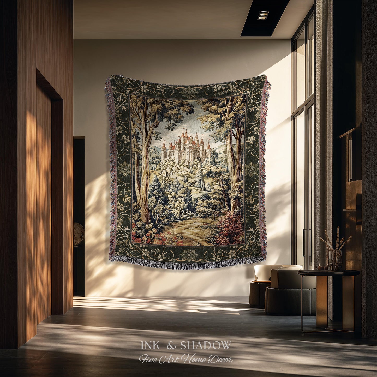 Mystic Castle Book Nook Tapestry Throw Ethereal Fairycore Folklore Aesthetic | Magical Woodland Botanical Blanket Dark Academia Indie Decor