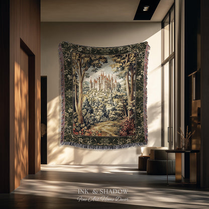 Mystic Castle Book Nook Tapestry Throw Ethereal Fairycore Folklore Aesthetic | Magical Woodland Botanical Blanket Dark Academia Indie Decor