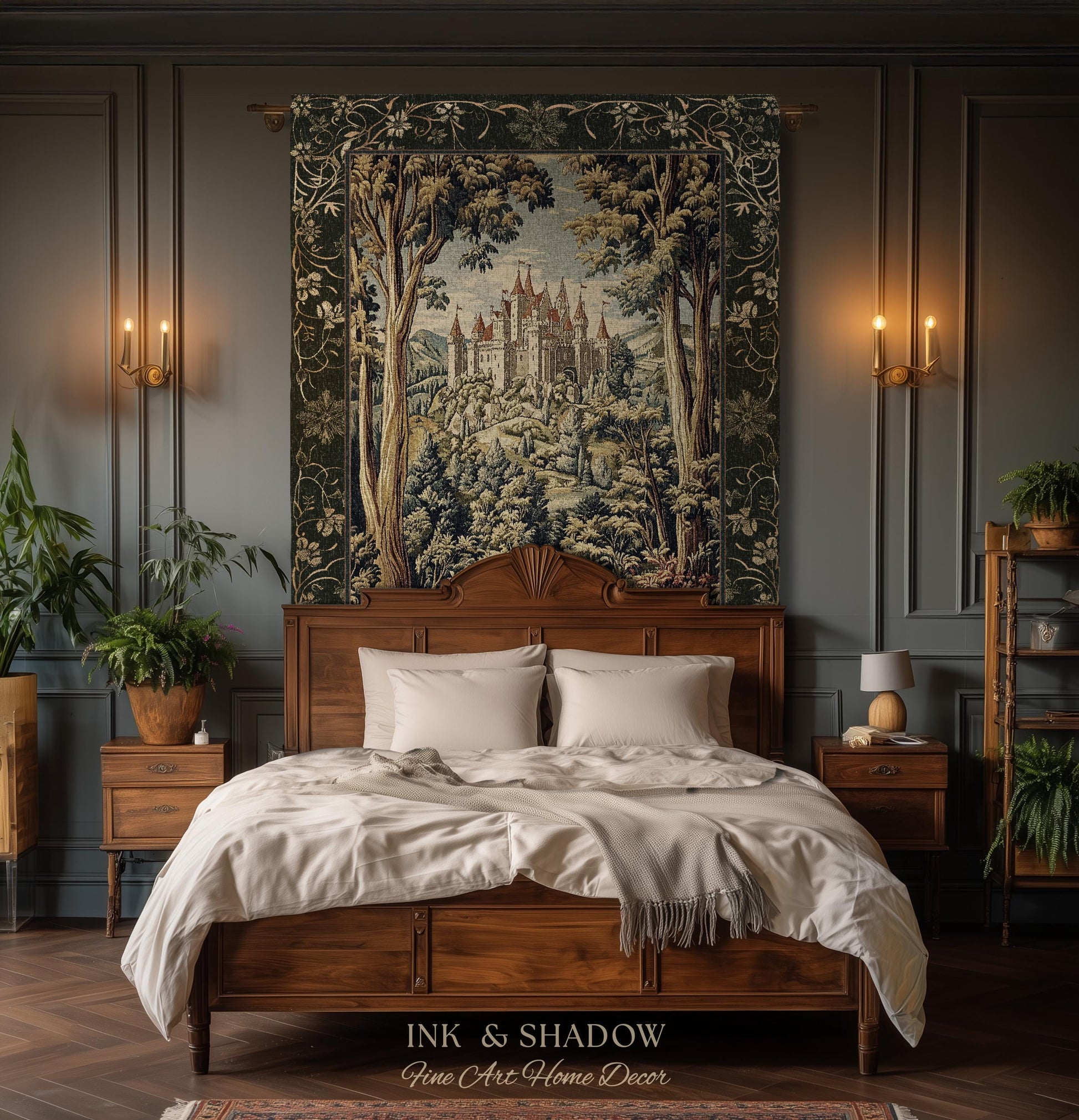 Mystic Castle Book Nook Tapestry Throw Ethereal Fairycore Folklore Aesthetic | Magical Woodland Botanical Blanket Dark Academia Indie Decor