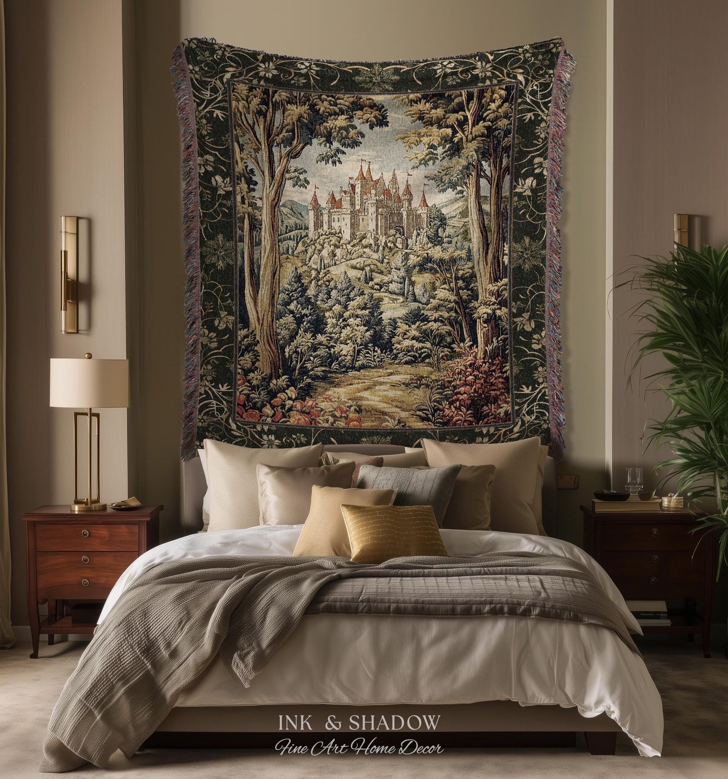 Mystic Castle Book Nook Tapestry Throw Ethereal Fairycore Folklore Aesthetic | Magical Woodland Botanical Blanket Dark Academia Indie Decor
