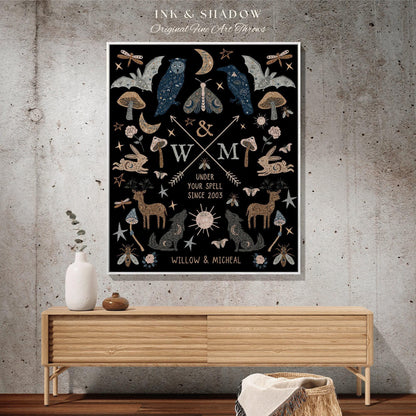 May include: A framed black art print with a whimsical design featuring woodland creatures, celestial elements, and the text "INK & SHADOW Original Fine Art Throws". The print includes the text "UNDER YOUR SPELL SINCE 2003" and the names "WILLOW & MICHEAL".