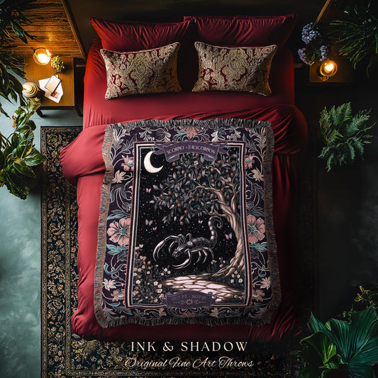 May include: A decorative throw blanket with a dark background featuring a scorpion, tree, and moon design. The blanket is draped over a red bed with matching pillows. The text "INK & SHADOW Original Fine Art Throws" is at the bottom.