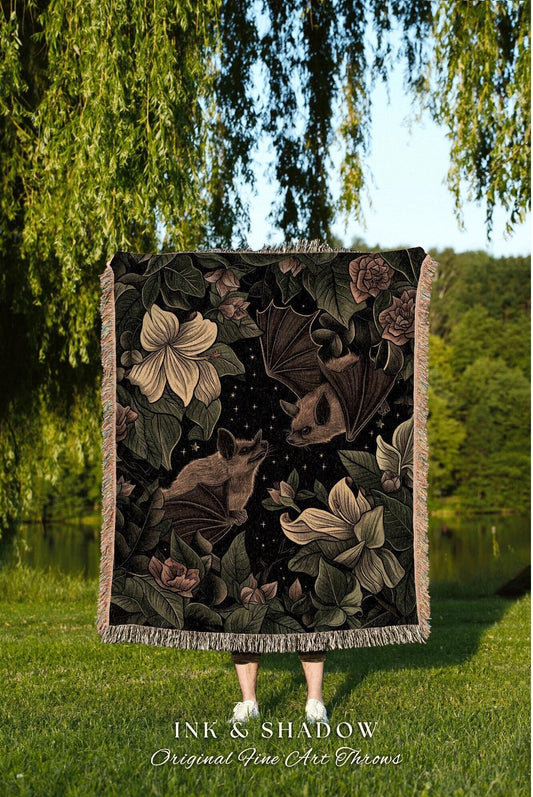 Starry Sky Bat Tapestry Blanket | Celestial Dark Floral Cottagecore Whimsical Woodland Woven Throw Wall Hanging Whimsigoth Animal Art Decor
