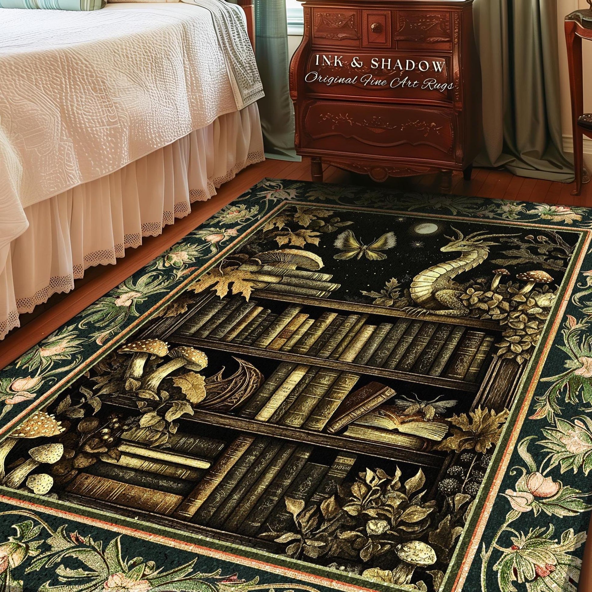 May include: A rectangular area rug with a dark green border and a central design featuring a bookshelf, mushrooms, a dragon, and a butterfly. The rug has a floral pattern and the text "INK & SHADOW Original Fine Art Rugs".