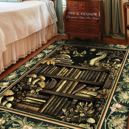 May include: A rectangular area rug with a dark green border and a central design featuring a bookshelf, mushrooms, a dragon, and a butterfly. The rug has a floral pattern and the text "INK & SHADOW Original Fine Art Rugs".