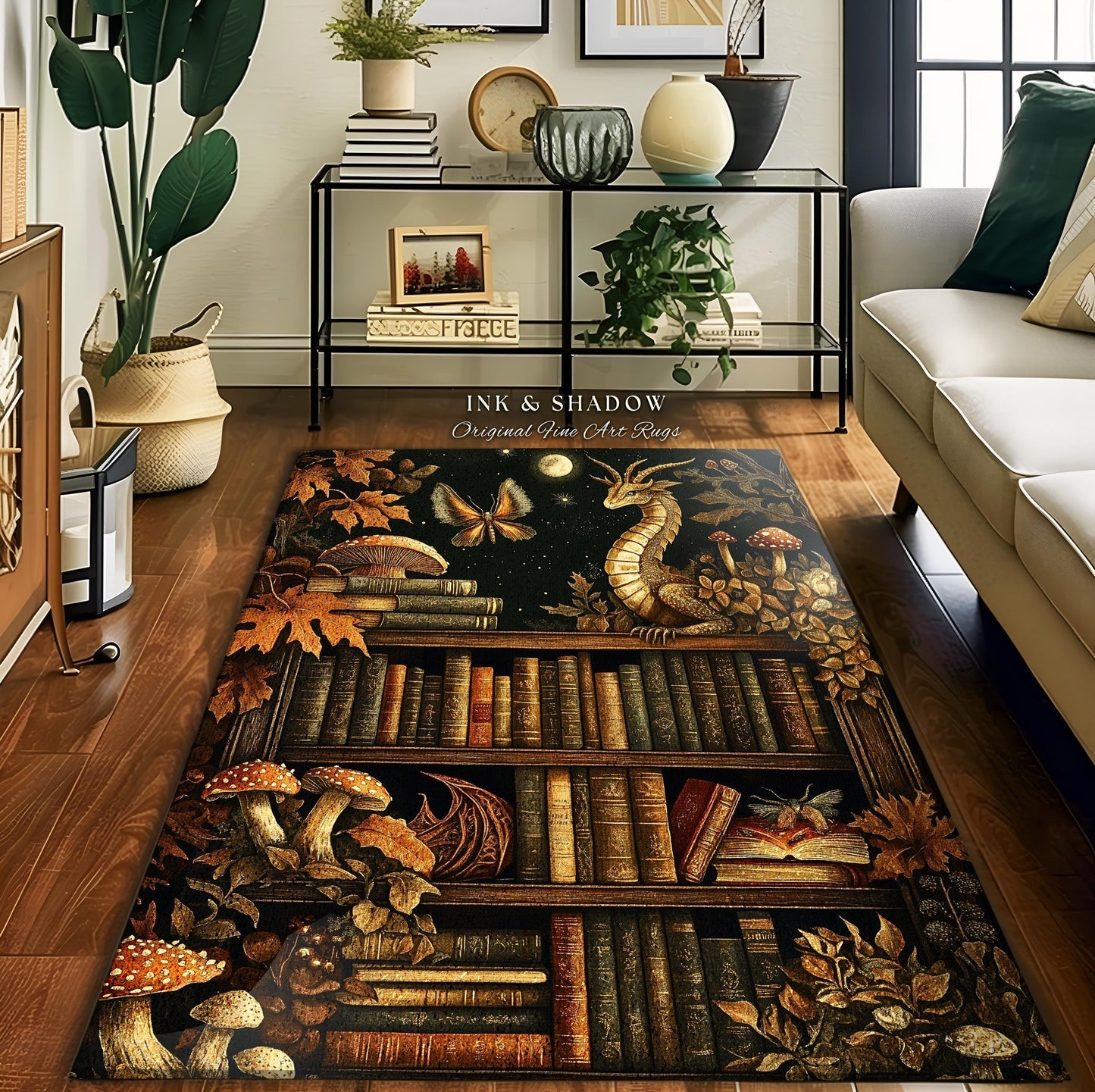 May include: A rectangular area rug featuring a fantasy bookshelf design with a dragon, butterflies, and mushrooms. The rug has a dark background with the text "INK & SHADOW Original Fine Art Rugs". The color palette includes shades of brown, gold, and black.