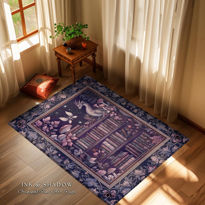 Fairytale Books & Dragon Rug Mystical Cottagecore Purple Decor | Whimsical Witchy Reading Nook Enchanted Victorian Academia Art Area Rug