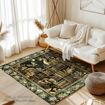 Enchanted Library Dragon Rug Mystical Dark Academia Bookshelf Fantasy Folklore Decor | Vintage Gothic Cottagecore Bookish Reading Nook Art