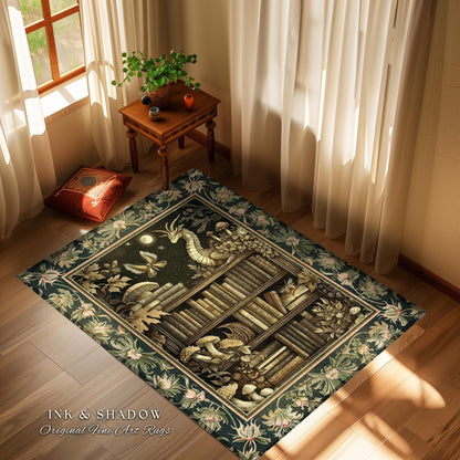 Enchanted Library Dragon Rug Mystical Dark Academia Bookshelf Fantasy Folklore Decor | Vintage Gothic Cottagecore Bookish Reading Nook Art