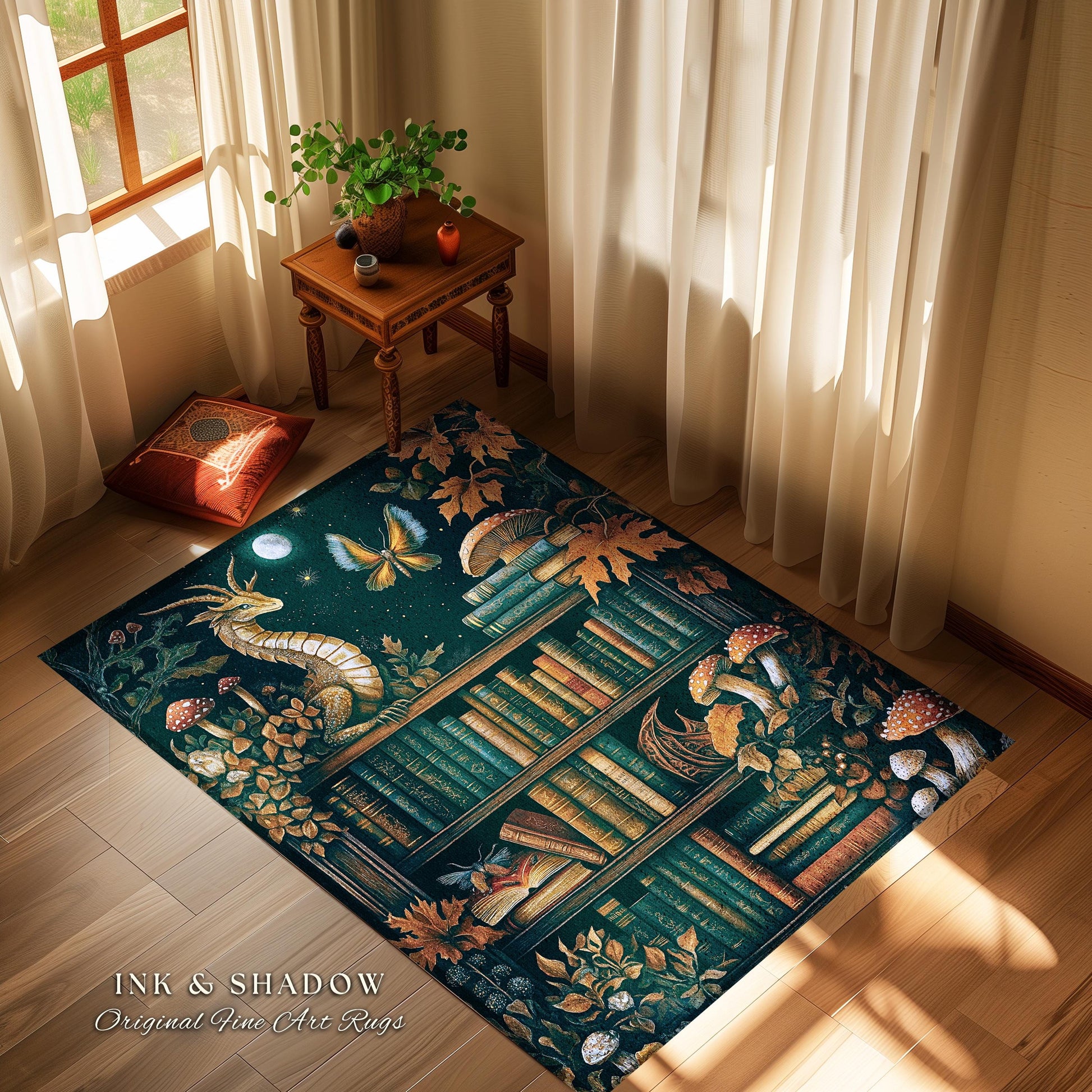 Midnight Magic Literary Dragon Rug Mystic Moon Bookish Home | Whimsigothic Enchanted Academia Art Bookshelf Book Lovers Folklore Fairytale
