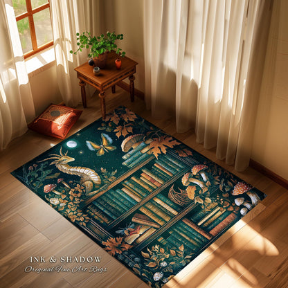 Midnight Magic Literary Dragon Rug Mystic Moon Bookish Home | Whimsigothic Enchanted Academia Art Bookshelf Book Lovers Folklore Fairytale