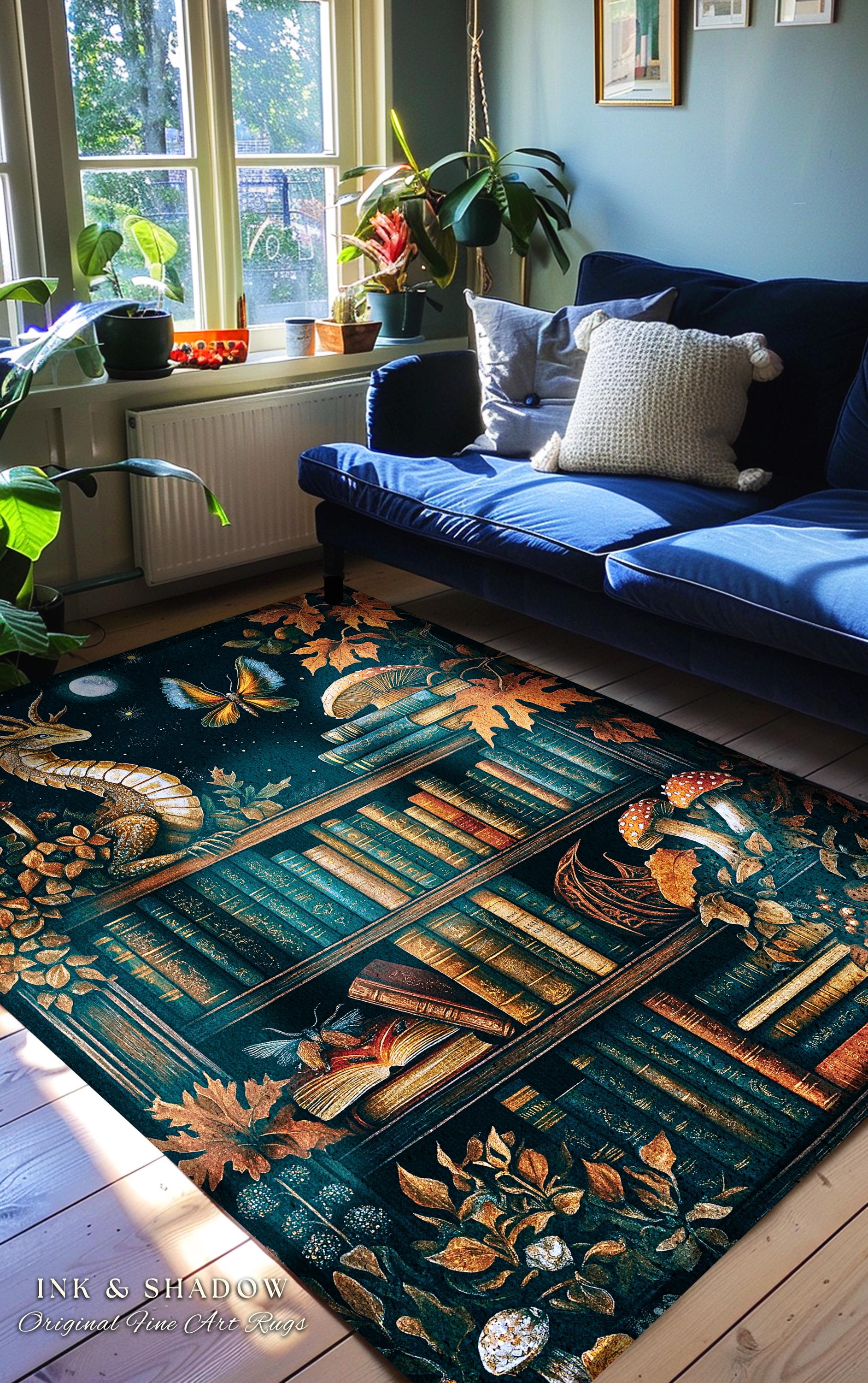 Midnight Magic Literary Dragon Rug Mystic Moon Bookish Home | Whimsigothic Enchanted Academia Art Bookshelf Book Lovers Folklore Fairytale