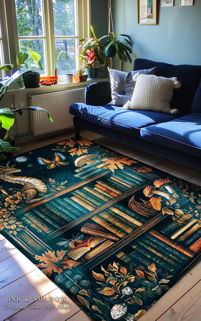 Midnight Magic Literary Dragon Rug Mystic Moon Bookish Home | Whimsigothic Enchanted Academia Art Bookshelf Book Lovers Folklore Fairytale