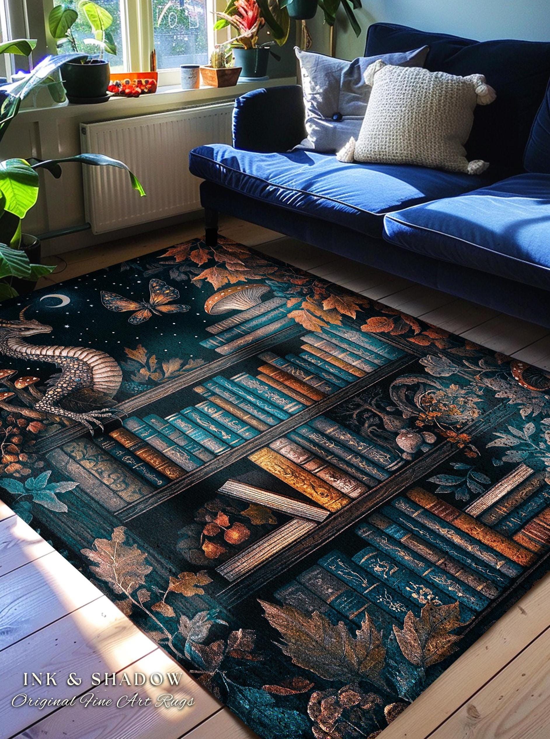 Mystical Woodland Dragon Rug Book Nook Decor | Fairytale Mushroom Cottagecore Vintage Fantasy Library Gothic Dark Academia Folklore Accent