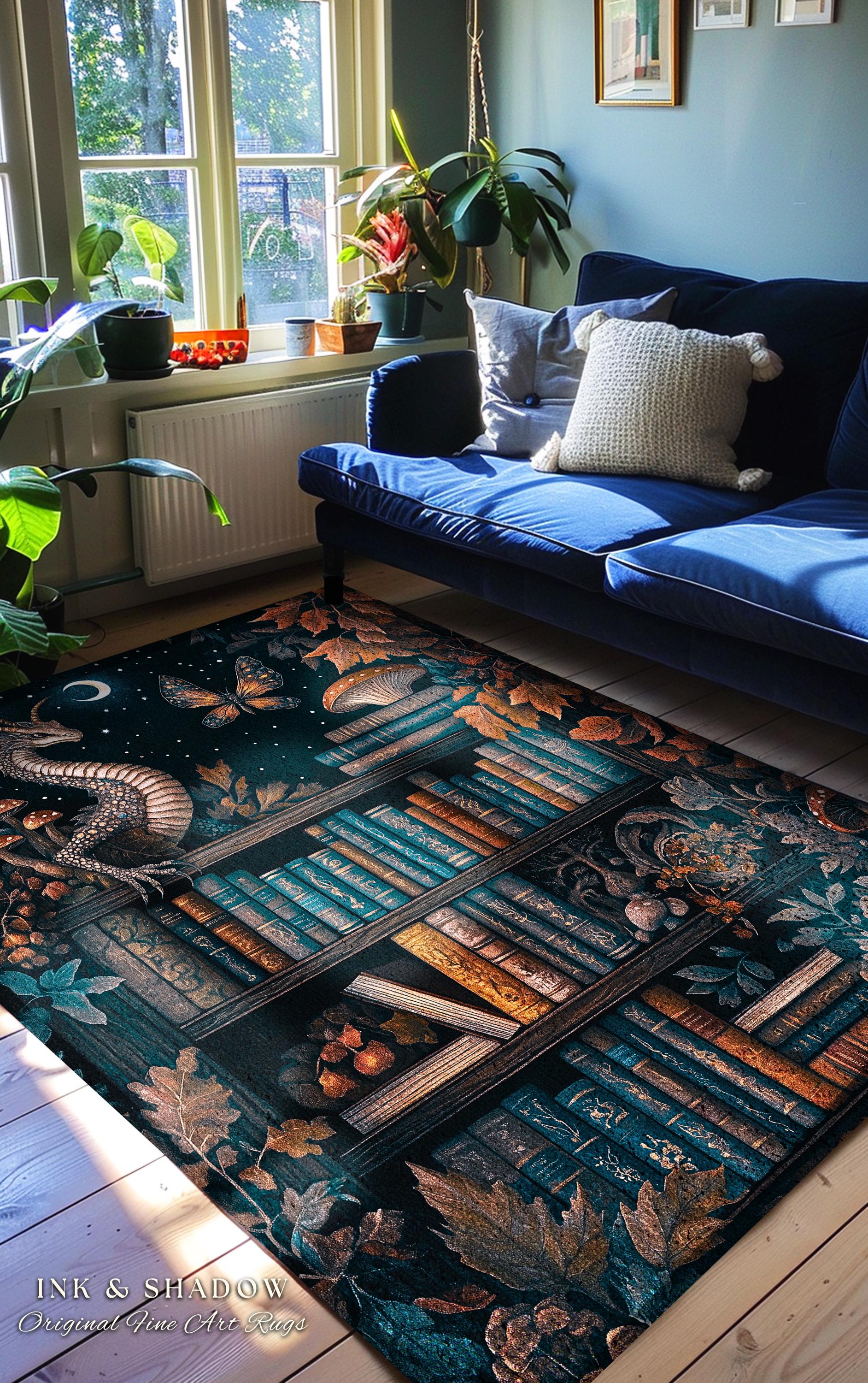 Mystical Woodland Dragon Rug Book Nook Decor | Fairytale Mushroom Cottagecore Vintage Fantasy Library Gothic Dark Academia Folklore Accent