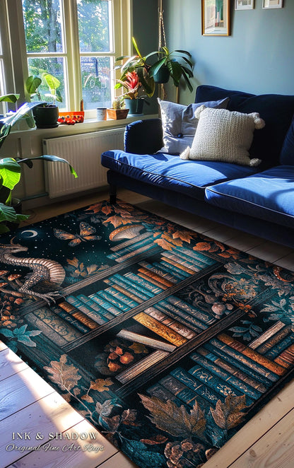 Mystical Woodland Dragon Rug Book Nook Decor | Fairytale Mushroom Cottagecore Vintage Fantasy Library Gothic Dark Academia Folklore Accent