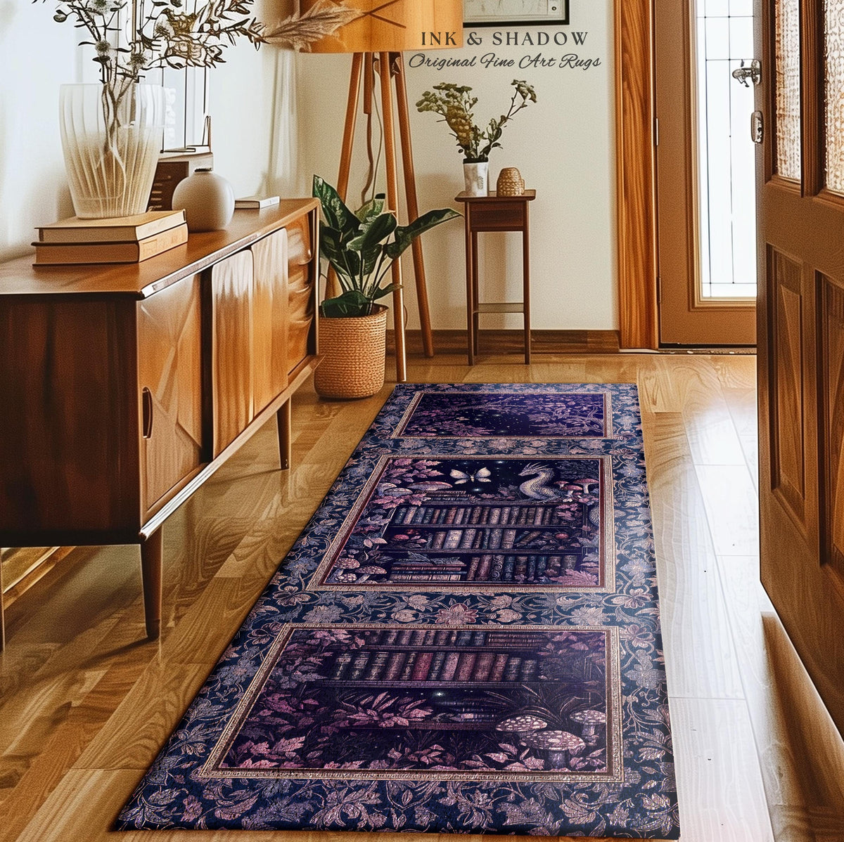 Fairytale Books & Dragon Rug Mystical Cottagecore Purple Decor | Whimsical Witchy Reading Nook Enchanted Victorian Academia Art Area Rug