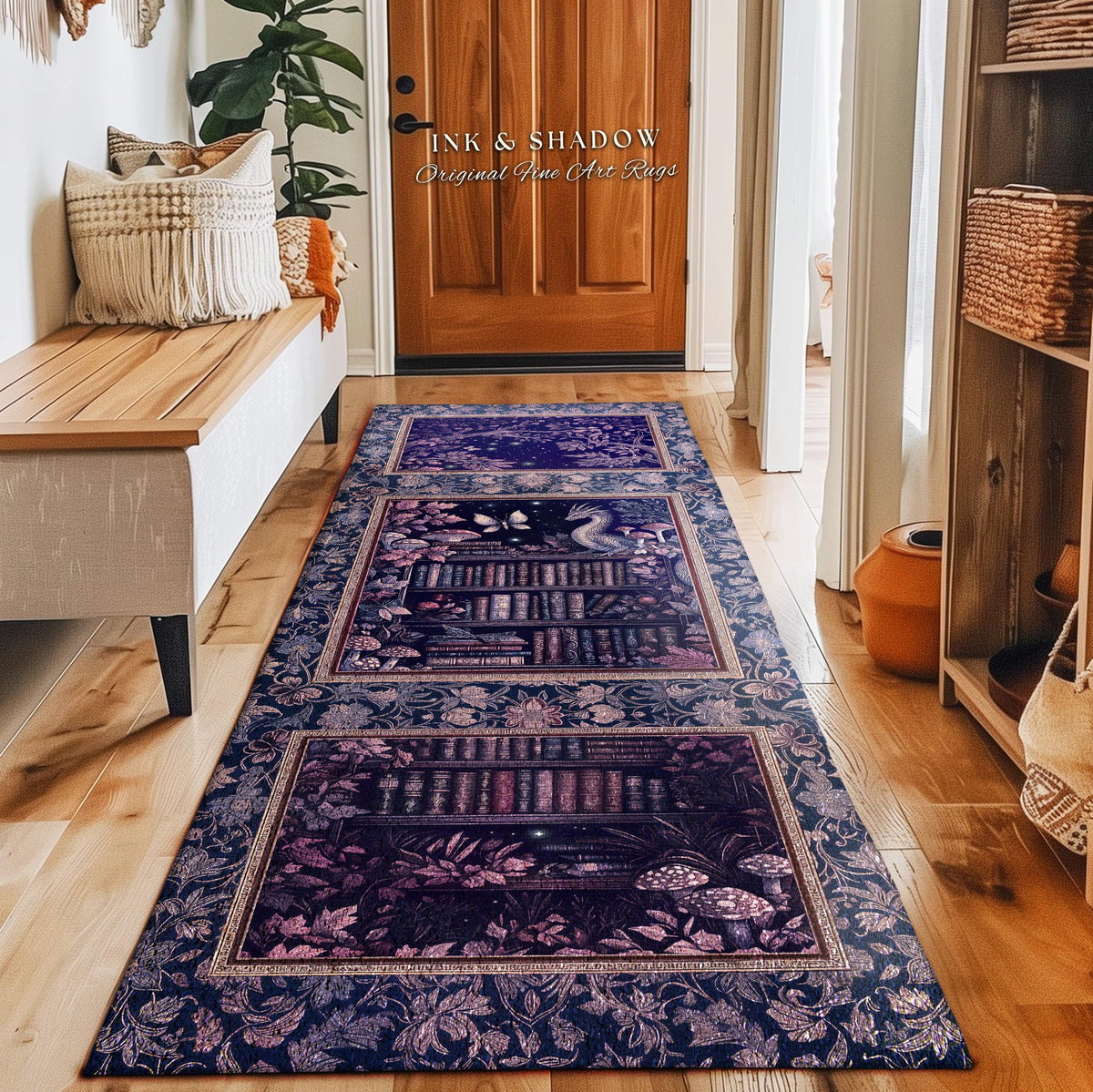 Fairytale Books & Dragon Rug Mystical Cottagecore Purple Decor | Whimsical Witchy Reading Nook Enchanted Victorian Academia Art Area Rug