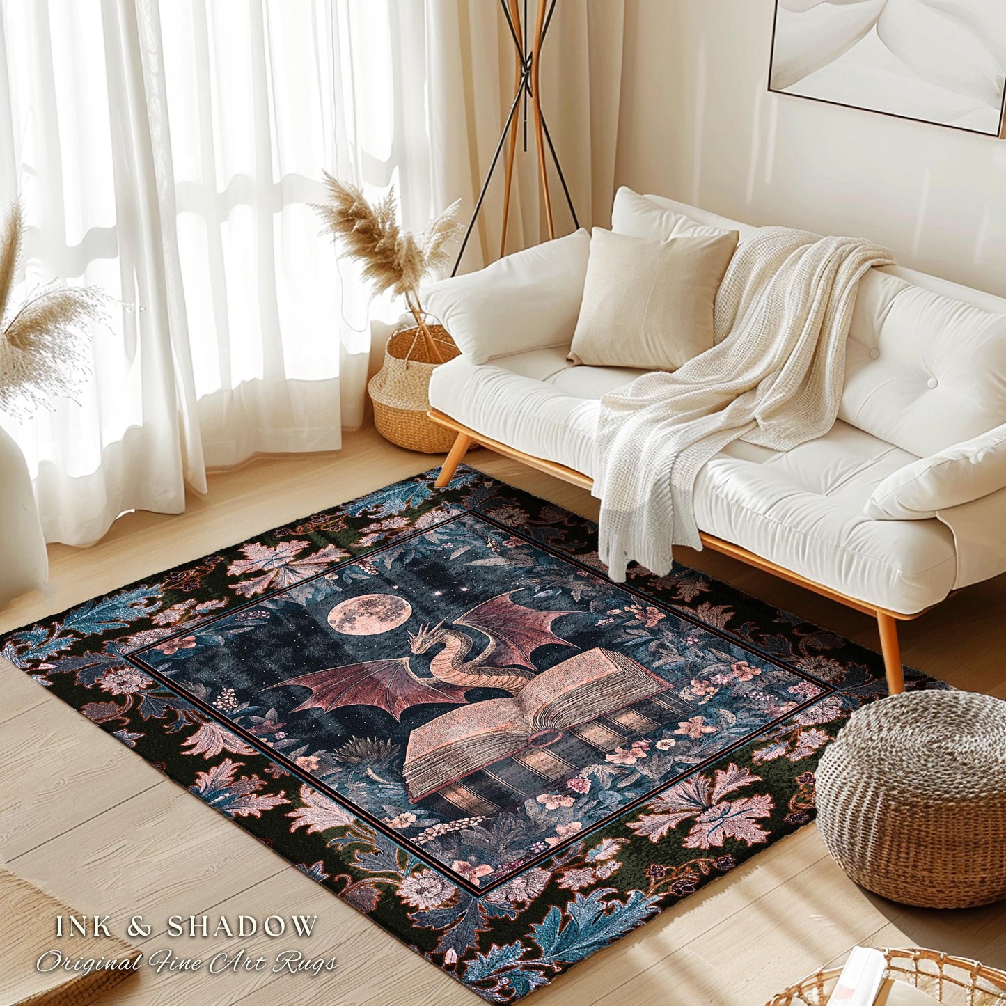Dark Magic Dragon Theme Rug | Mystic Academia Medieval Fantasy Area Rug Moonlit Romantic Baroque Tree Ethereal Fantasy Reading Room Decor