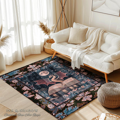 Dark Magic Dragon Theme Rug | Mystic Academia Medieval Fantasy Area Rug Moonlit Romantic Baroque Tree Ethereal Fantasy Reading Room Decor