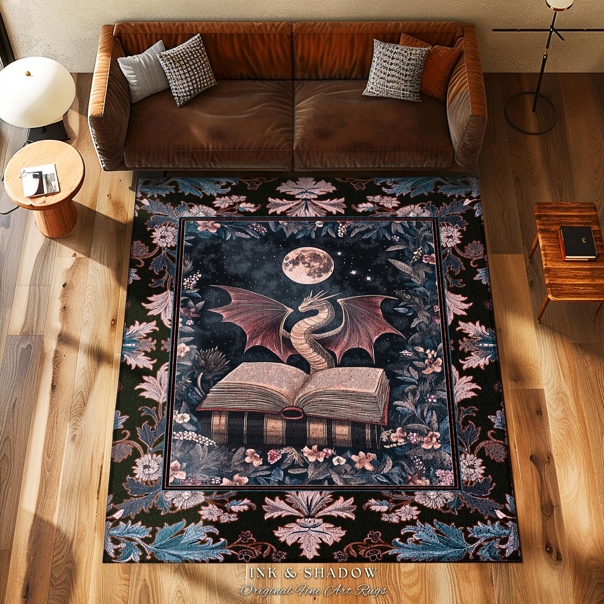 Dark Magic Dragon Theme Rug | Mystic Academia Medieval Fantasy Area Rug Moonlit Romantic Baroque Tree Ethereal Fantasy Reading Room Decor