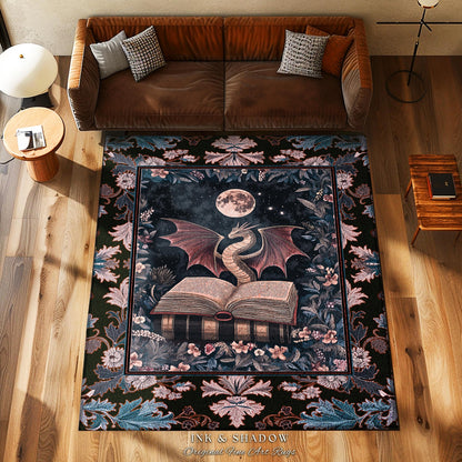 Dark Magic Dragon Theme Rug | Mystic Academia Medieval Fantasy Area Rug Moonlit Romantic Baroque Tree Ethereal Fantasy Reading Room Decor