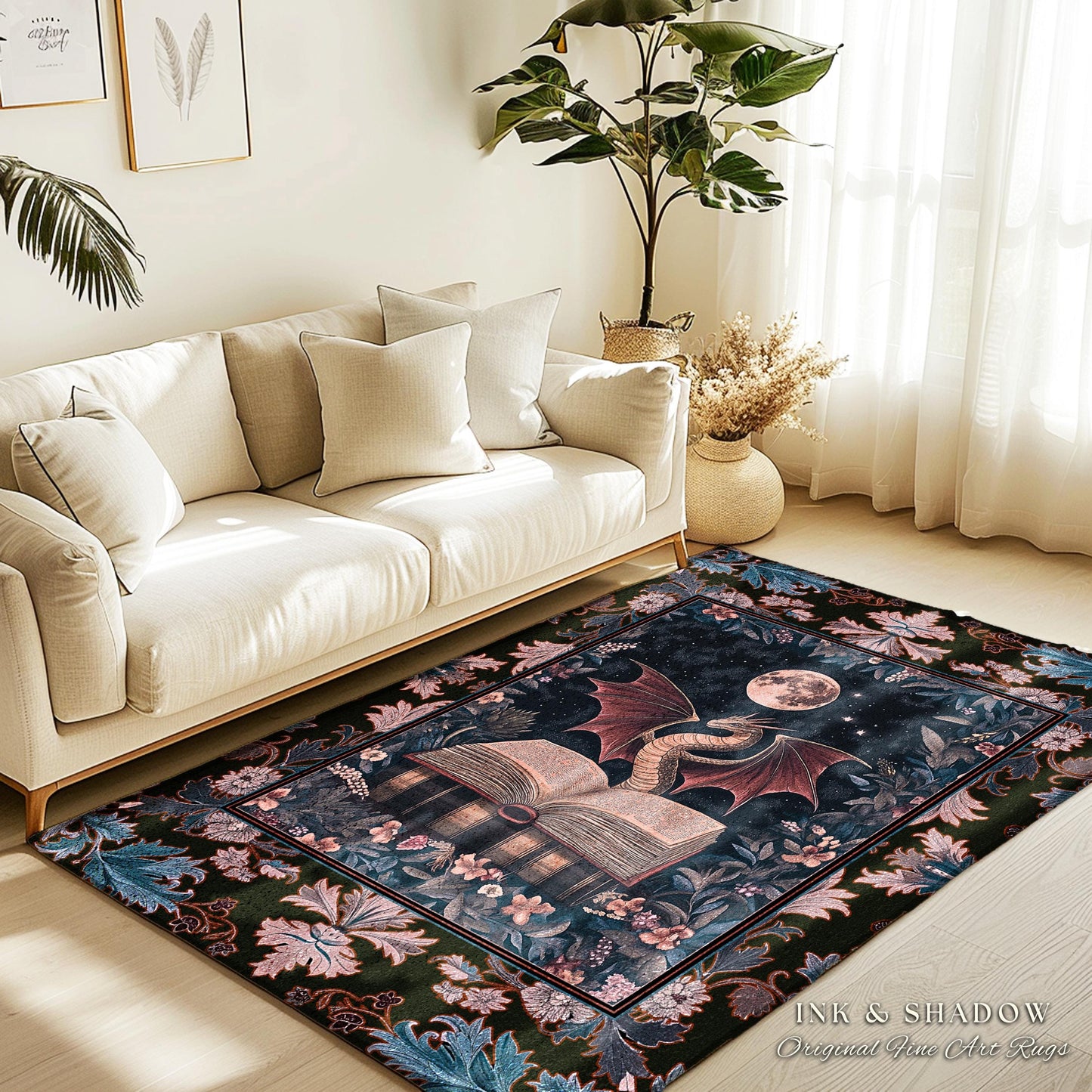 Dark Magic Dragon Theme Rug | Mystic Academia Medieval Fantasy Area Rug Moonlit Romantic Baroque Tree Ethereal Fantasy Reading Room Decor
