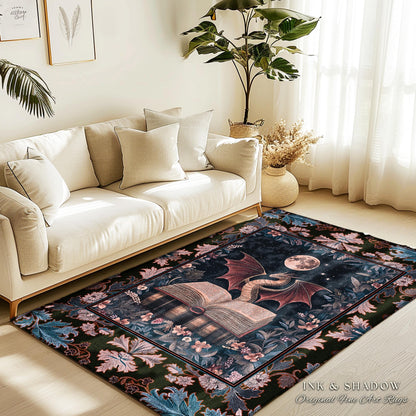 Dark Magic Dragon Theme Rug | Mystic Academia Medieval Fantasy Area Rug Moonlit Romantic Baroque Tree Ethereal Fantasy Reading Room Decor
