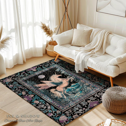 Pastel Moonlight Rustic Pegasus Rug | Baroque Fairytale Decor Whimsical Cottagecore Accent Fantasy Forest Regal Castlecore Maximalist Decor