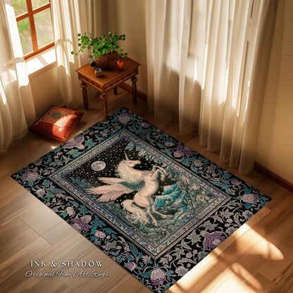 Pastel Moonlight Rustic Pegasus Rug | Baroque Fairytale Decor Whimsical Cottagecore Accent Fantasy Forest Regal Castlecore Maximalist Decor