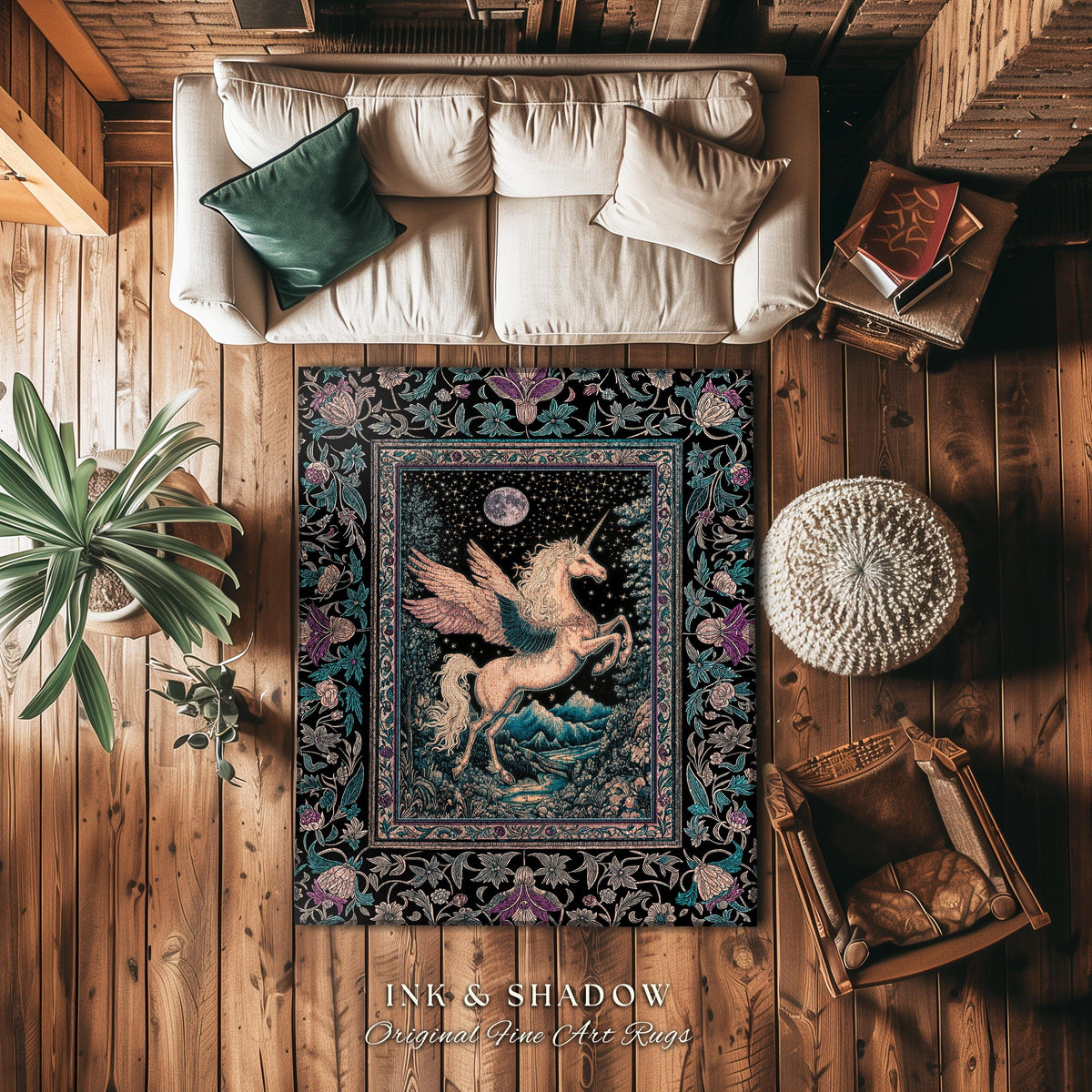 Pastel Moonlight Rustic Pegasus Rug | Baroque Fairytale Decor Whimsical Cottagecore Accent Fantasy Forest Regal Castlecore Maximalist Decor